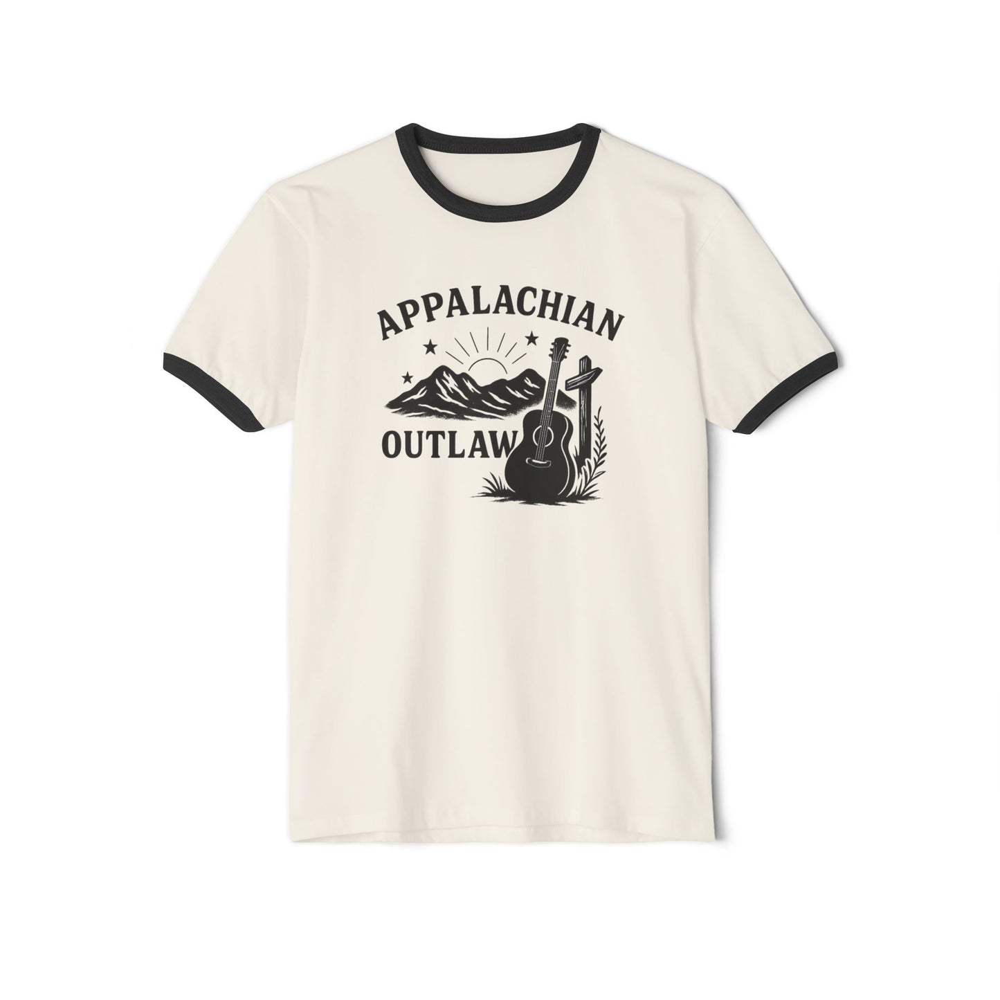 Appalachian Outlaw Ringer Tee ,Vintage Country Music Shirt, Retro Mountain Guitar Graphic, Gift for Him or Her