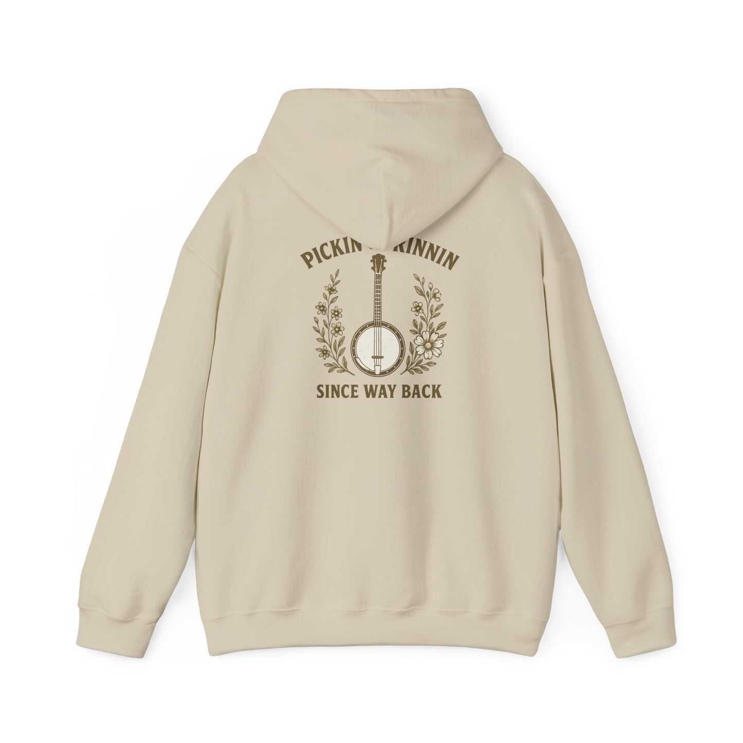 Vintage hoodie Sweatshirt with Pickin and Grinnin Banjo design on the back for bluegrass lovers