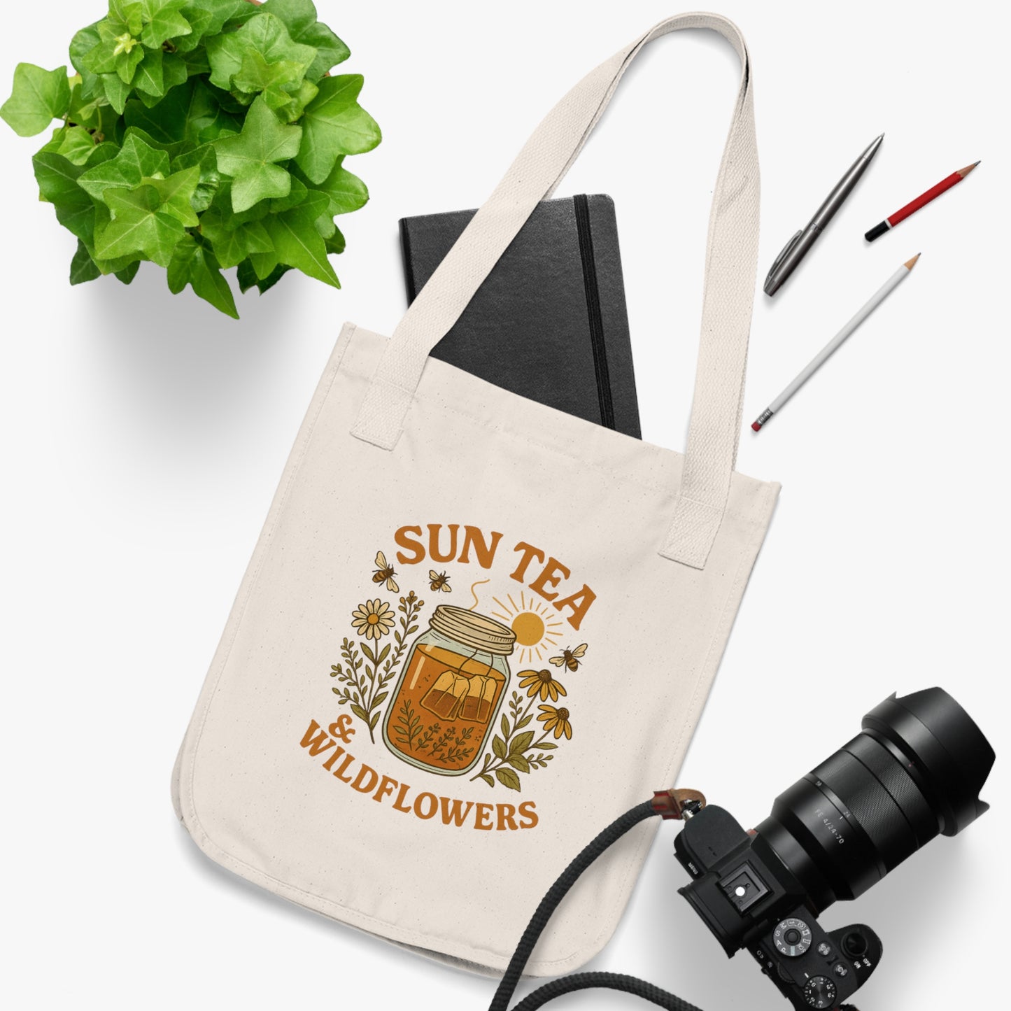 Sun Tea and Wildflowers Organic Canvas Tote Bag, Farmers Market Reusable Eco Friendly Bag, Nature Lover Gift, Sustainable Shopping Tote,