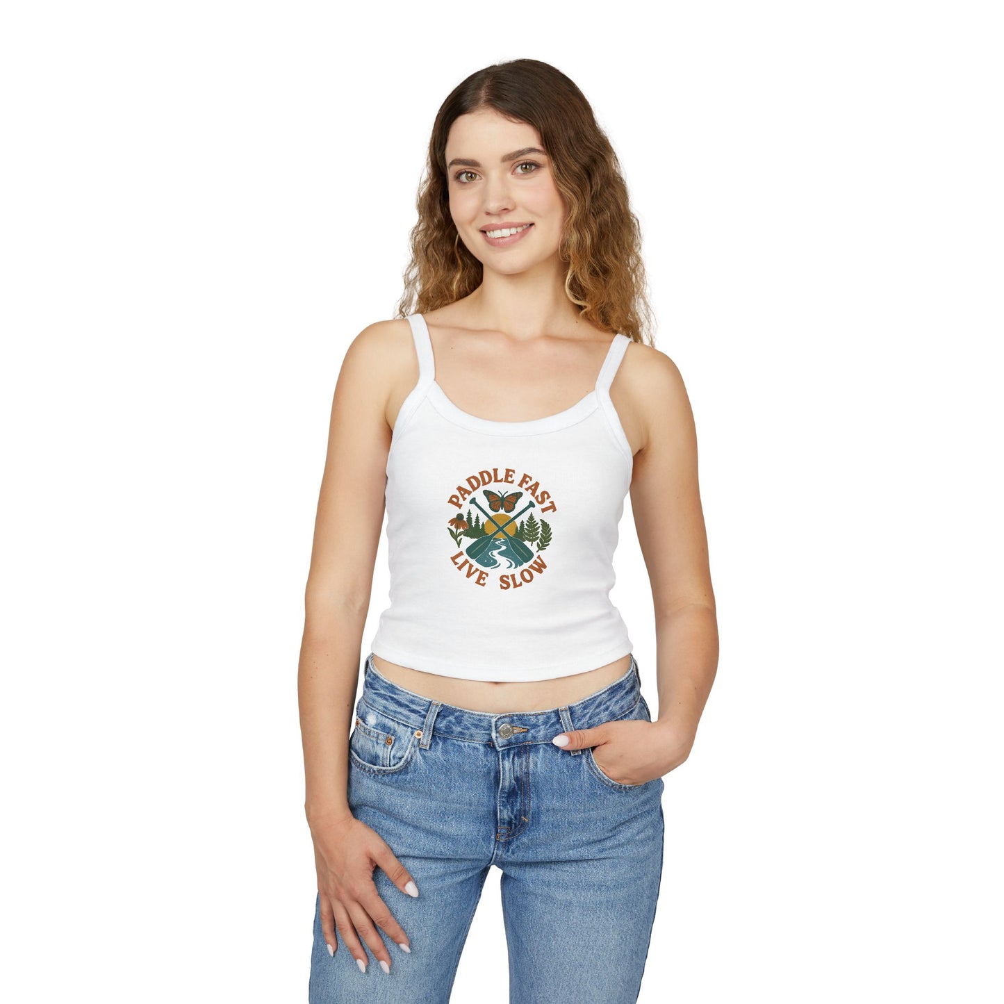 Adventurous Women's Spaghetti Strap Tank Top - Paddle Fast Live Slow, Summer Apparel, Boho Fashion, Outdoor Wear, Eco-Friendly Clothing