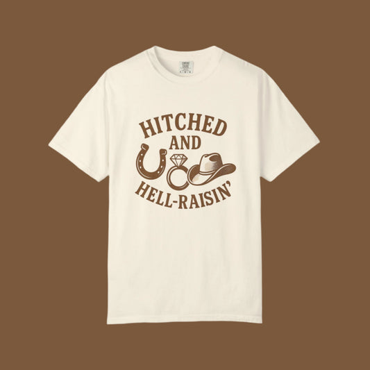 Country Bachelorette party T-shirt, Unisex Tee, Western Bridal Shower Shirt, Hitched and Hell-Raising Top, Southern Wedding Apparel