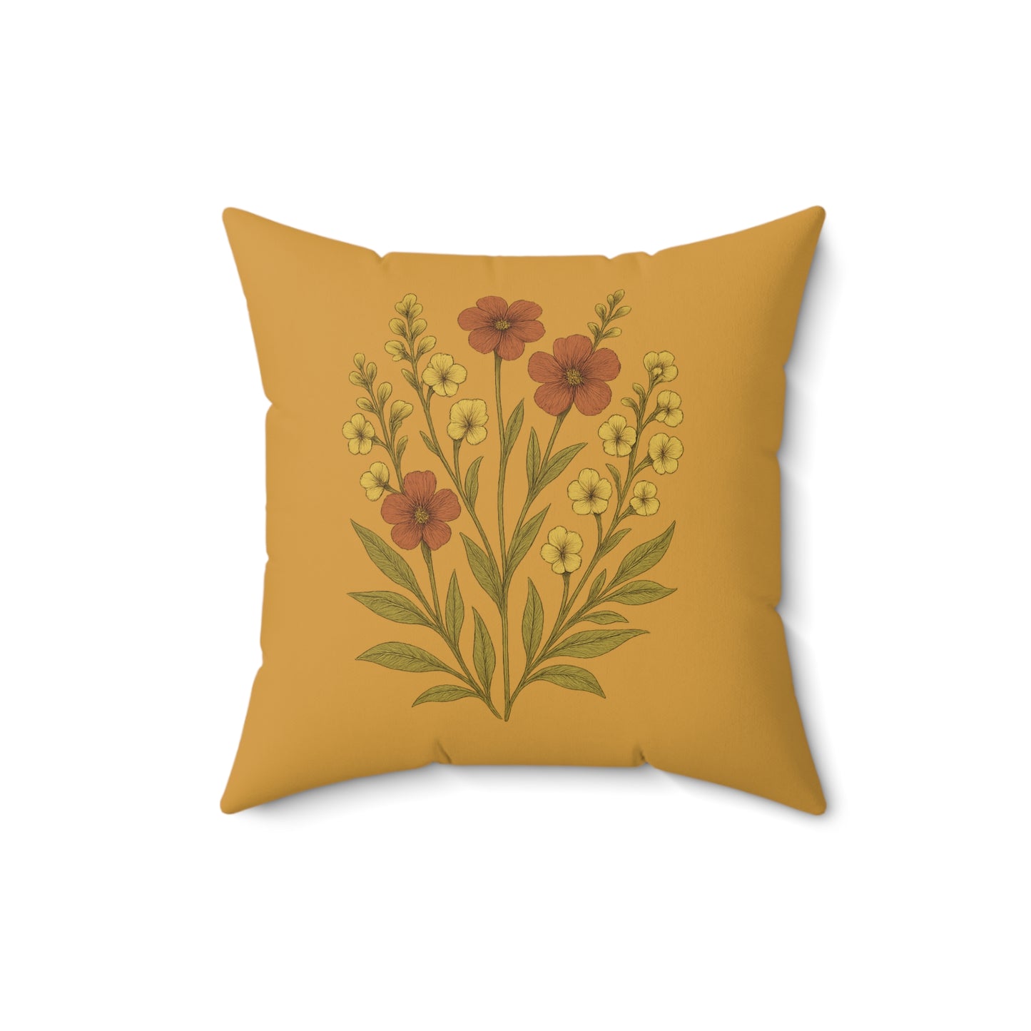 Wildflower Mustard Square Pillow for Home Decor, Floral Accent Cushion, Decorative Throw Pillow Set, Red and White Flowers, Spun Polyester