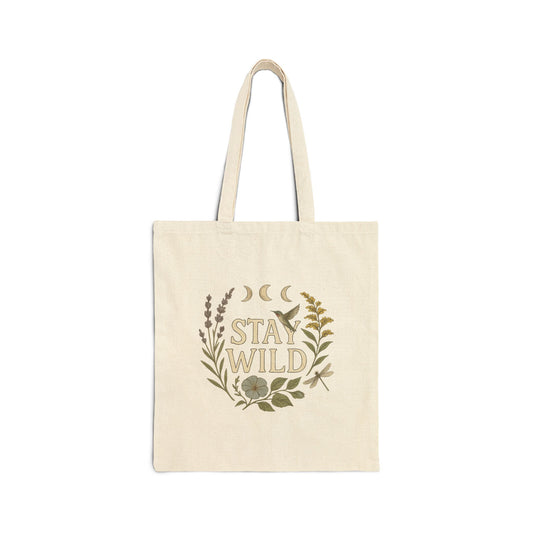Stay Wild Floral Hummingbird Cotton Canvas Tote Bag - Eco-Friendly Reusable Shopping Bag, Boho Chic Beach Tote, Nature Lover Gift, Botanical