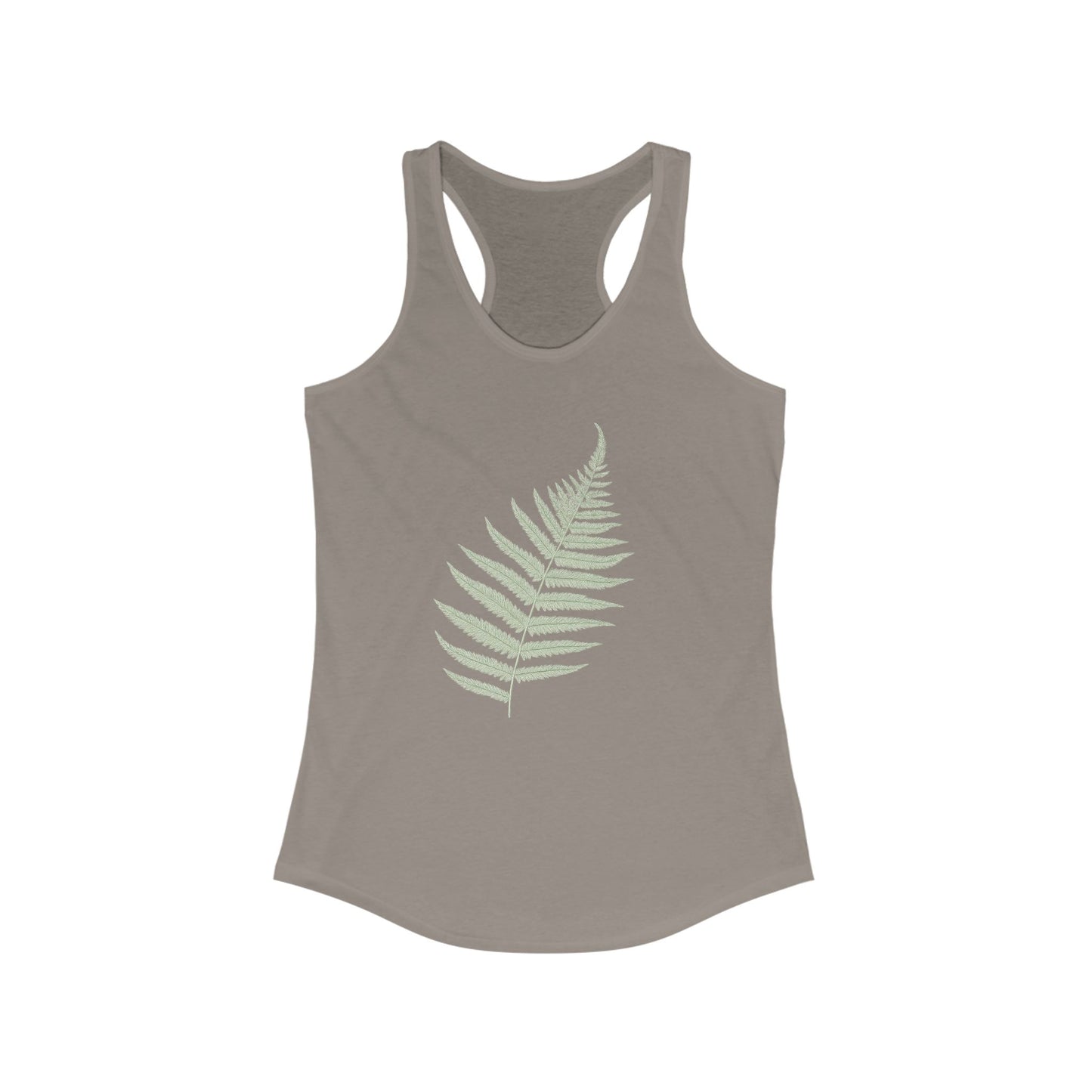 Gray tank top with a green fern leaf design on a white background