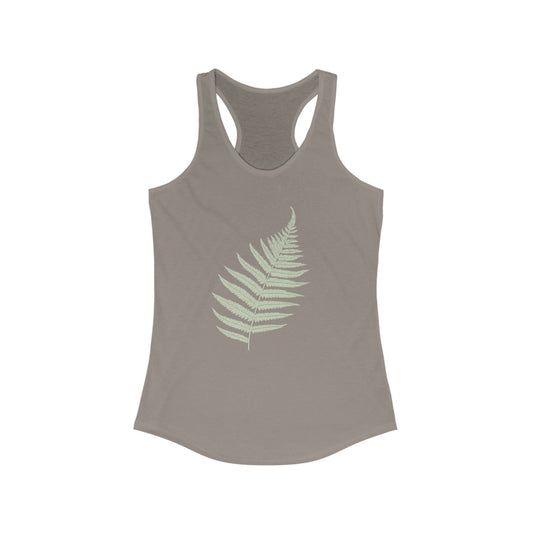 Gray tank top with a green fern leaf design on a white background