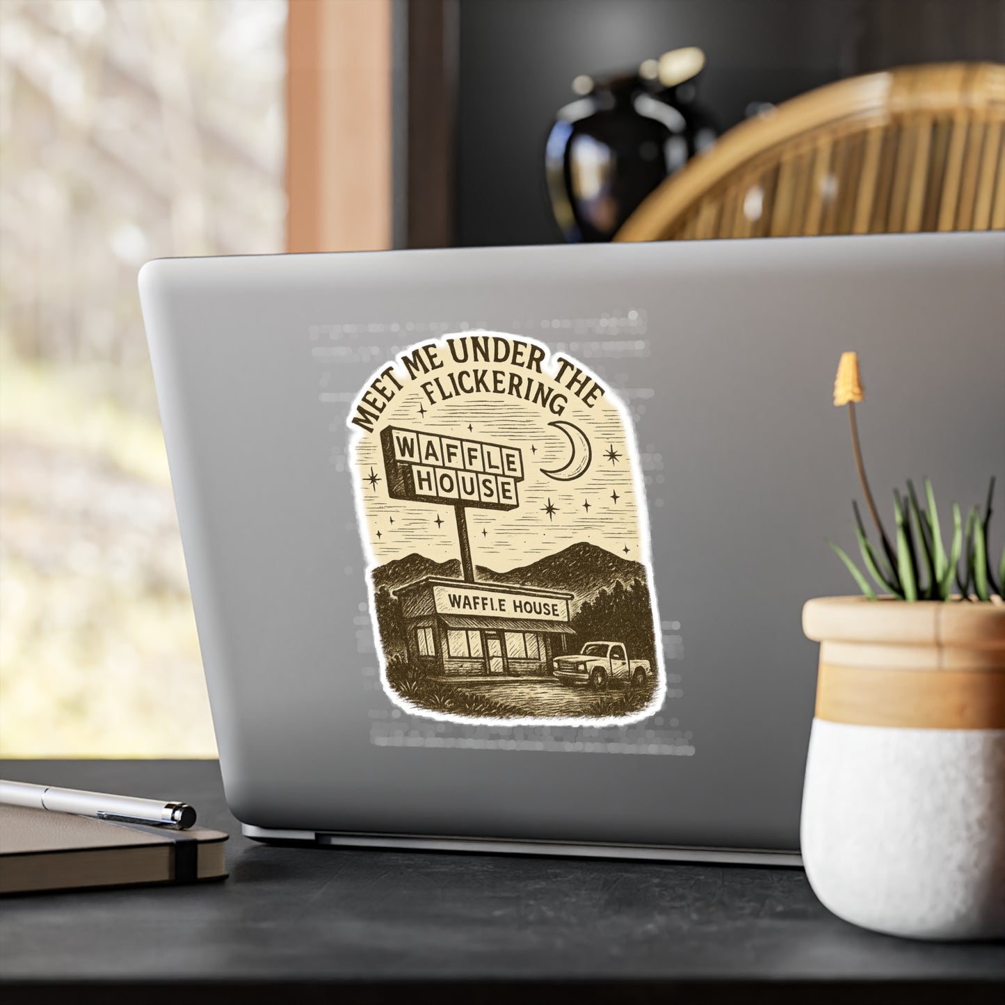 Vinyl Decal Sticker, Appalachian Humor Meet Me Under the Flickering Waffle House Sign, Laptop Decal, Car Decal, Water Bottle Sticker, Cute