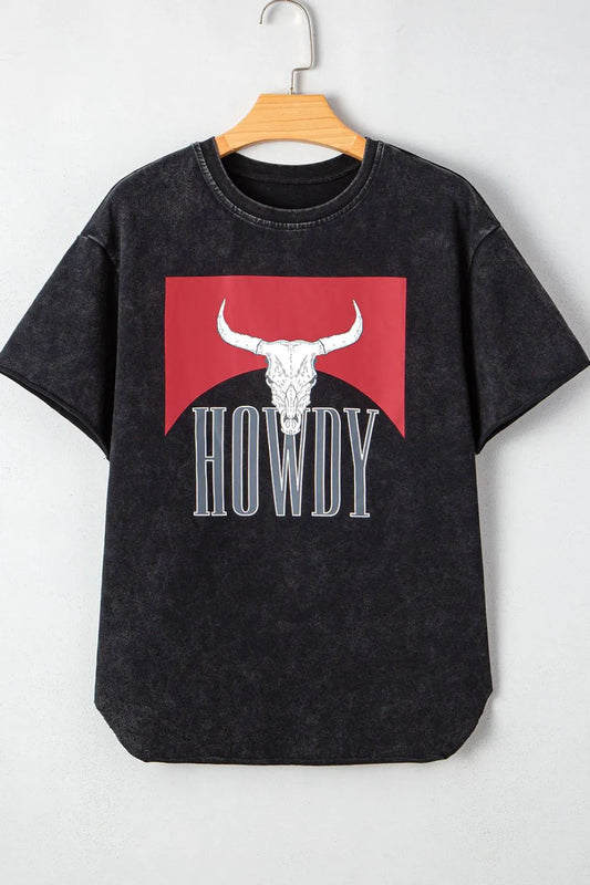Black t-shirt with red bull skull graphic and 'HOWDY' text on a white background