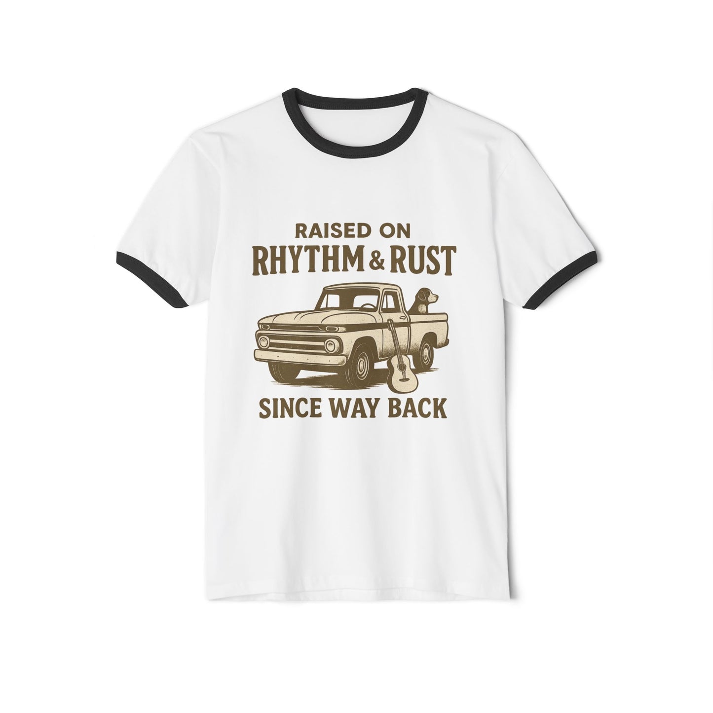 Vintage Ringer T-Shirt with Saying Raised on Rhythm and Rust, Unisex Tee, Retro Graphic Tee, Classic Cotton Shirt, 70s Inspired Top