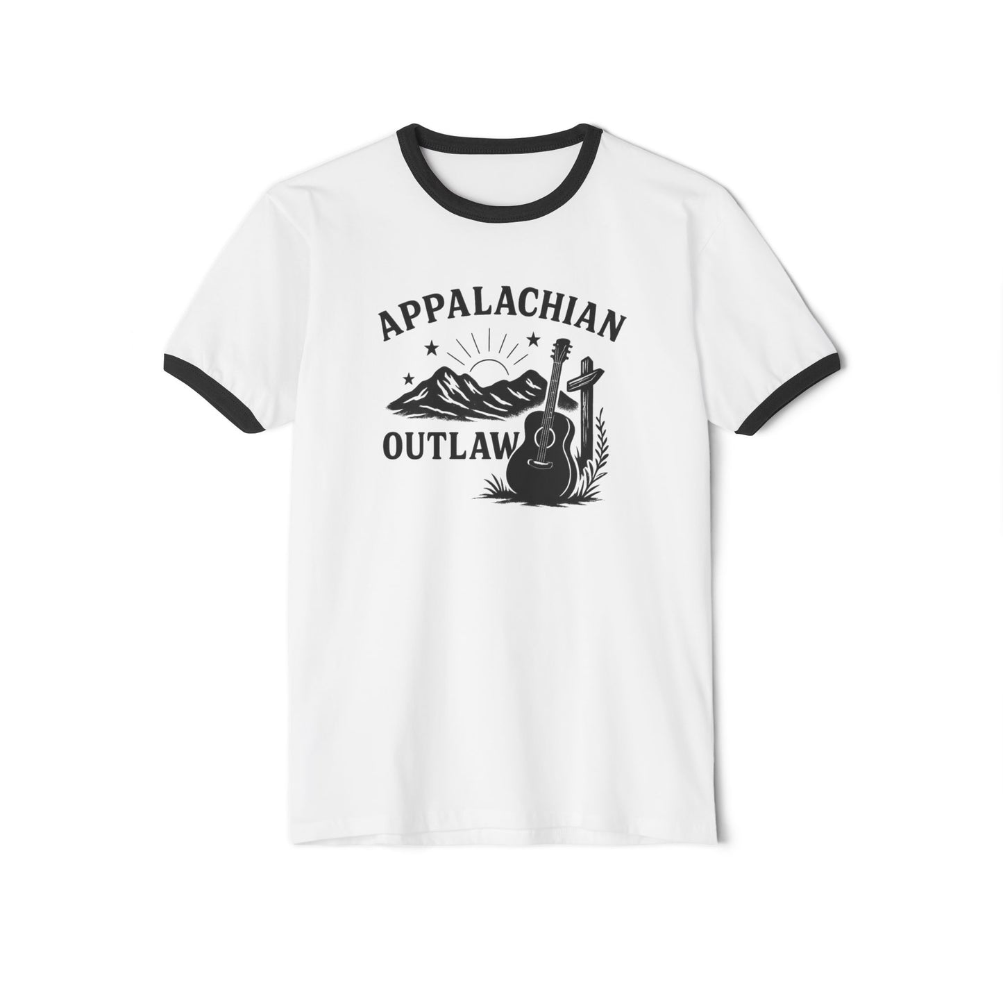 Appalachian Outlaw Ringer Tee ,Vintage Country Music Shirt, Retro Mountain Guitar Graphic, Gift for Him or Her