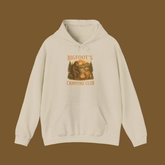 Bigfoot Campfire Club Hoodie, Mountains & Labrador, Unisex Pullover, Outdoor Camping Sweatshirt, Nature Lover Gift