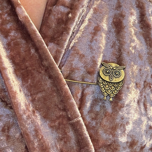 Gold owl brooch on a brown textured fabric background