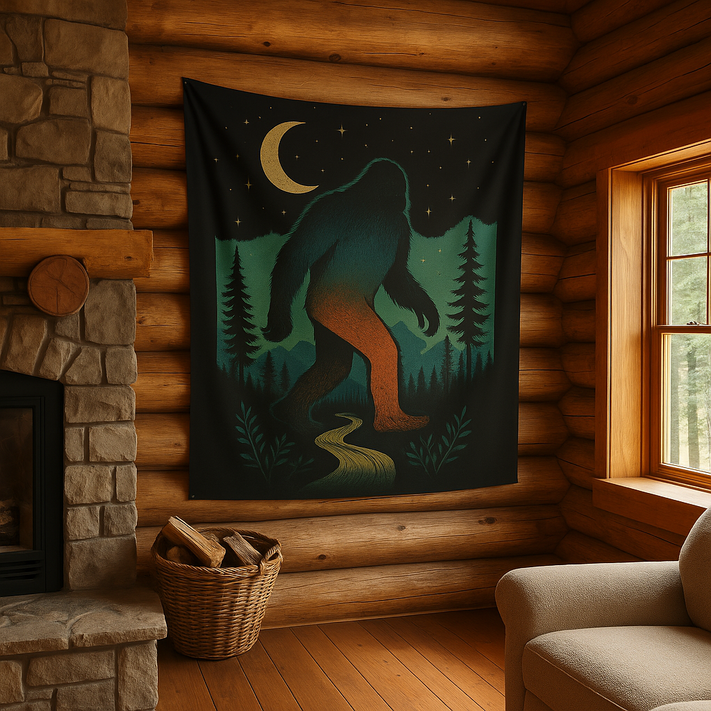 Tapestry of a big foot creature in a forest scene hanging on a wooden wall above a stone fireplace.
