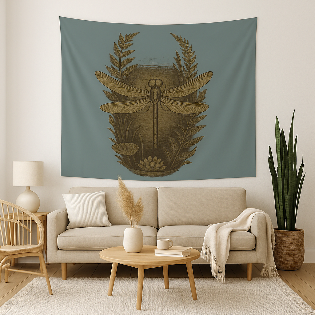 Living room with a tapestry featuring a dragonfly design on a wall above a beige sofa.