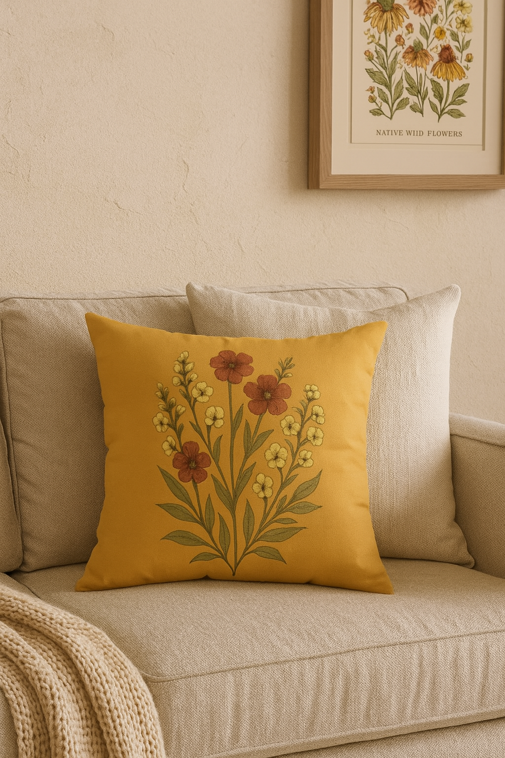 Wildflower Mustard Square Pillow for Home Decor, Floral Accent Cushion, Decorative Throw Pillow Set, Red and White Flowers, Spun Polyester