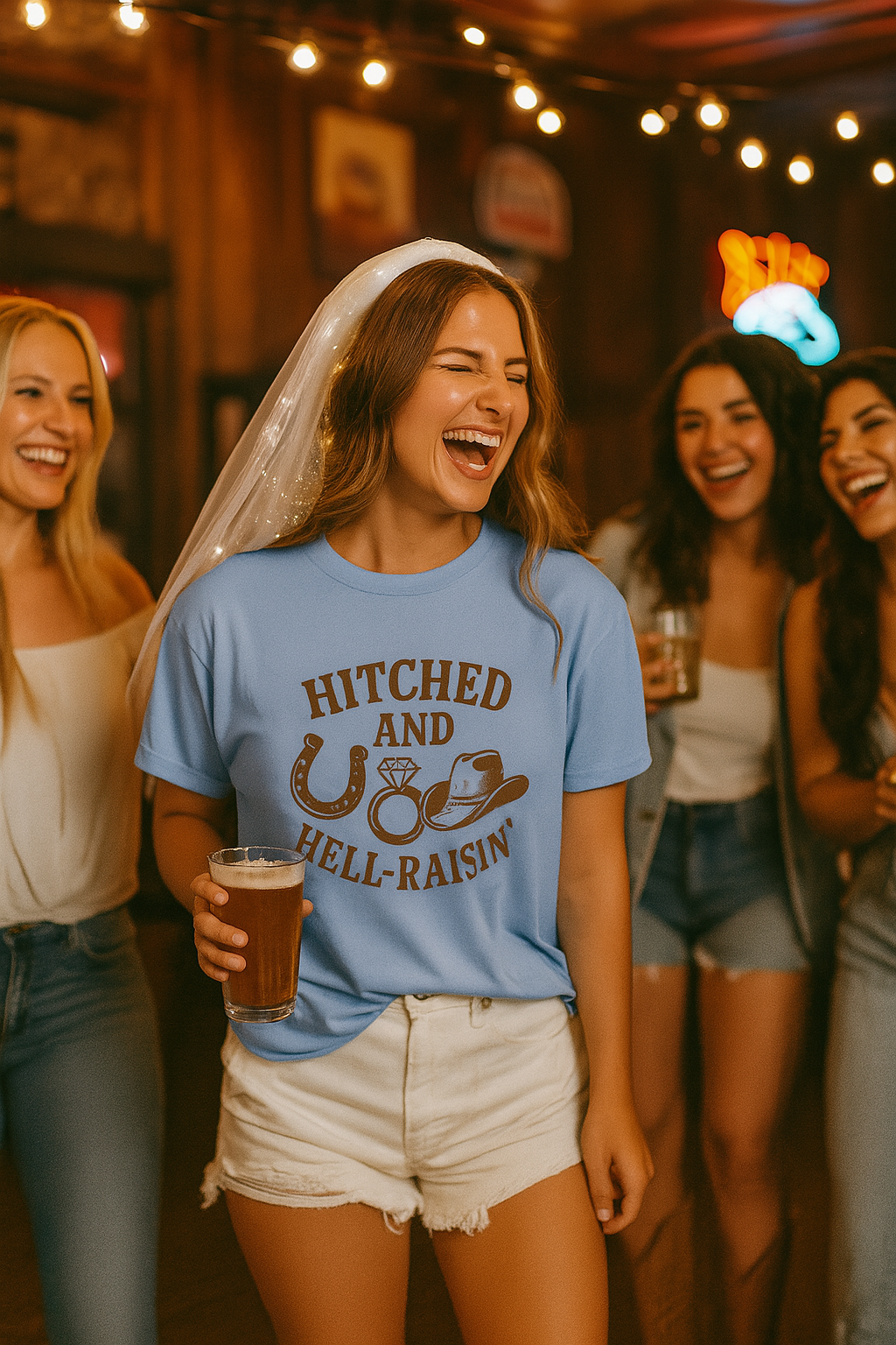 Country Bachelorette party T-shirt, Unisex Tee, Western Bridal Shower Shirt, Hitched and Hell-Raising Top, Southern Wedding Apparel