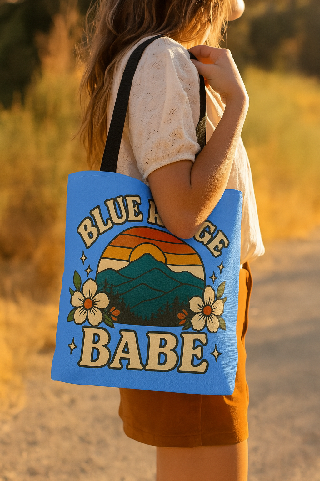Colorful Blue Ridge Babe Beach Tote Bag, River Lake Ocean Summer Travel Bag, Weekend Getaway Shoulder Purse, Gift for Beach Lover, Boho Chic