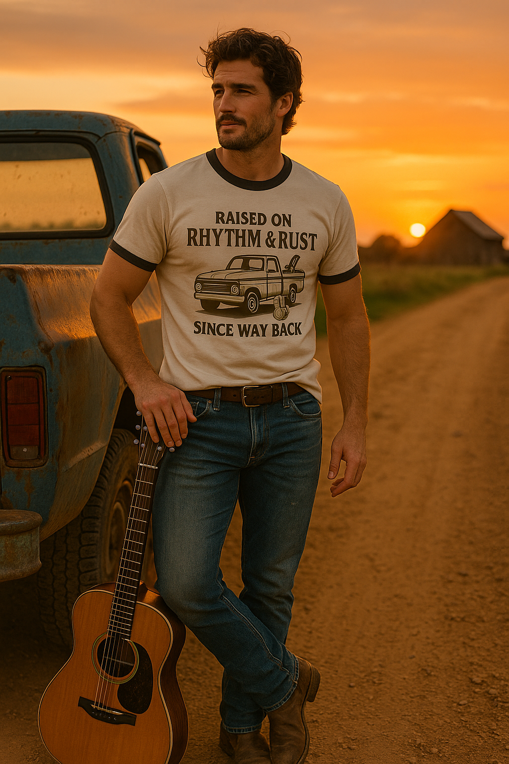 Vintage Ringer T-Shirt with Saying Raised on Rhythm and Rust, Unisex Tee, Retro Graphic Tee, Classic Cotton Shirt, 70s Inspired Top