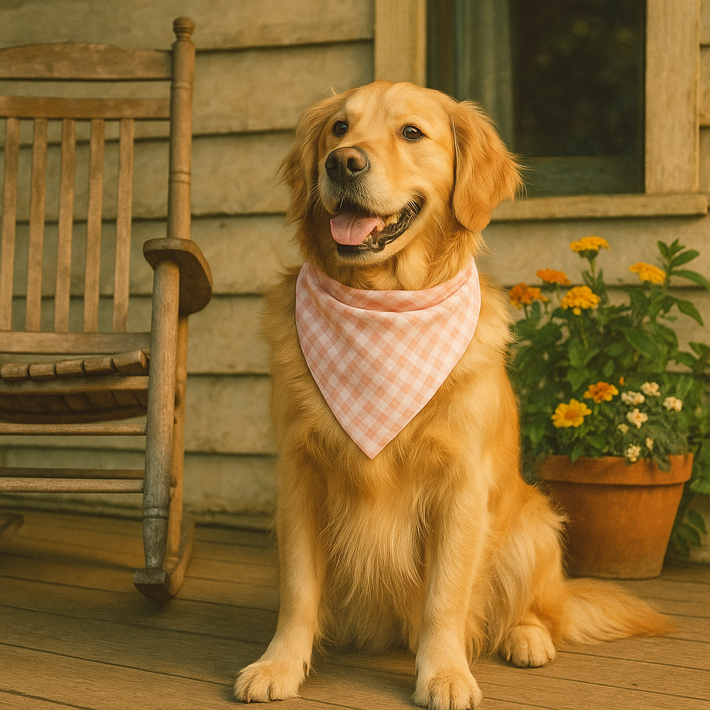 Dog wearing a checkered bandana sitting on a wooden deck with a chair and flowers in the background.