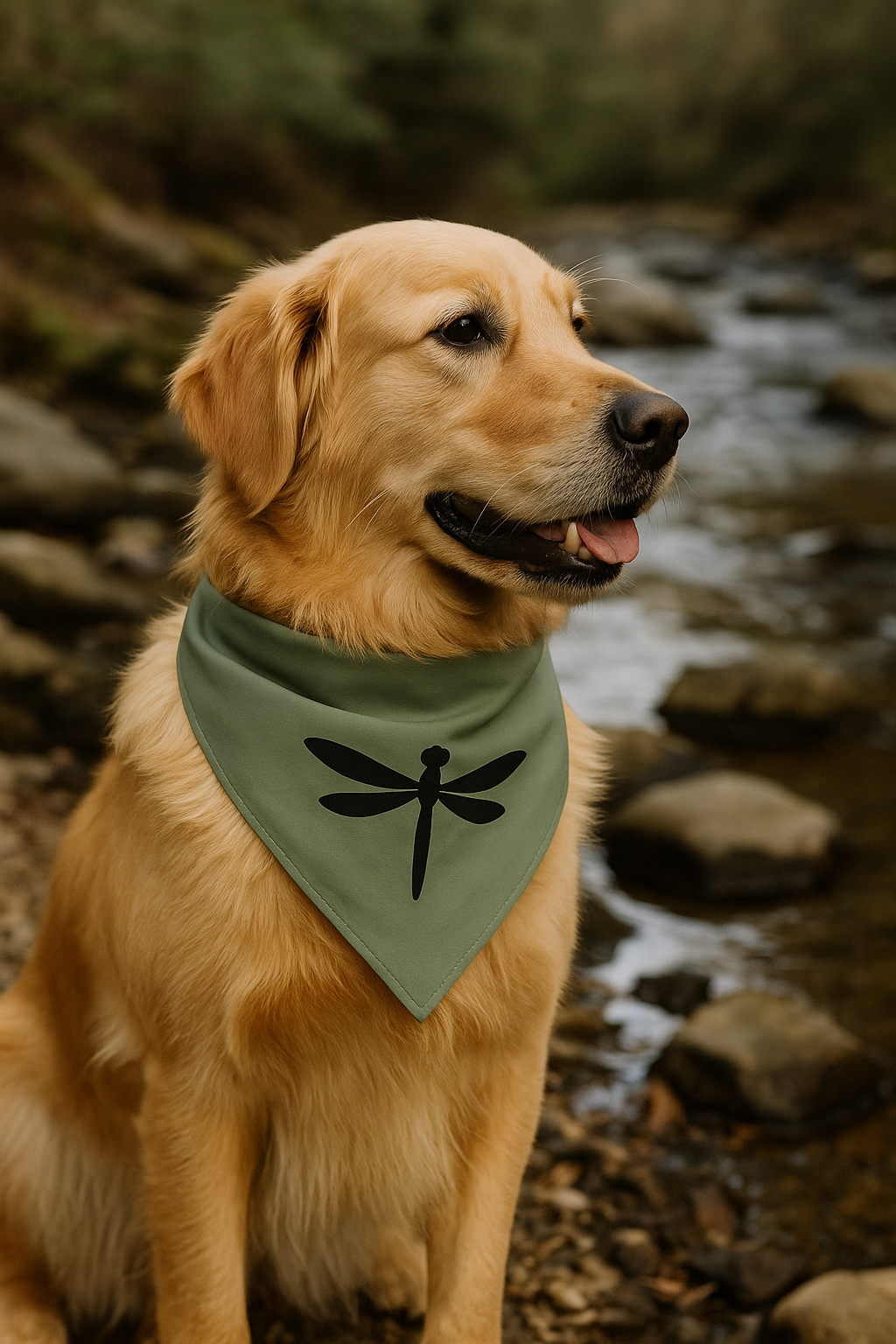 Dog wearing a green bandana with a dragonfly design by a stream.