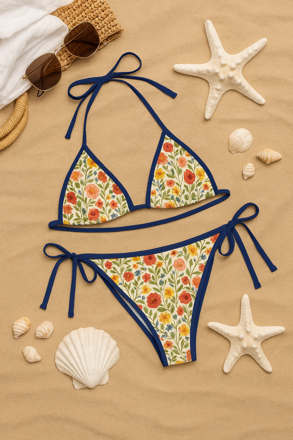 Wildflower Coast Bikini – Vintage Floral with Navy Ties