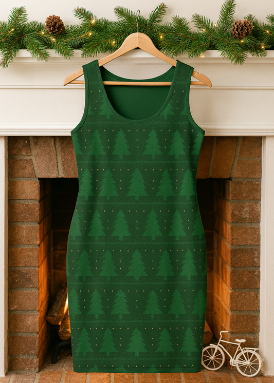 Green dress with tree pattern on a hanger in front of a fireplace.