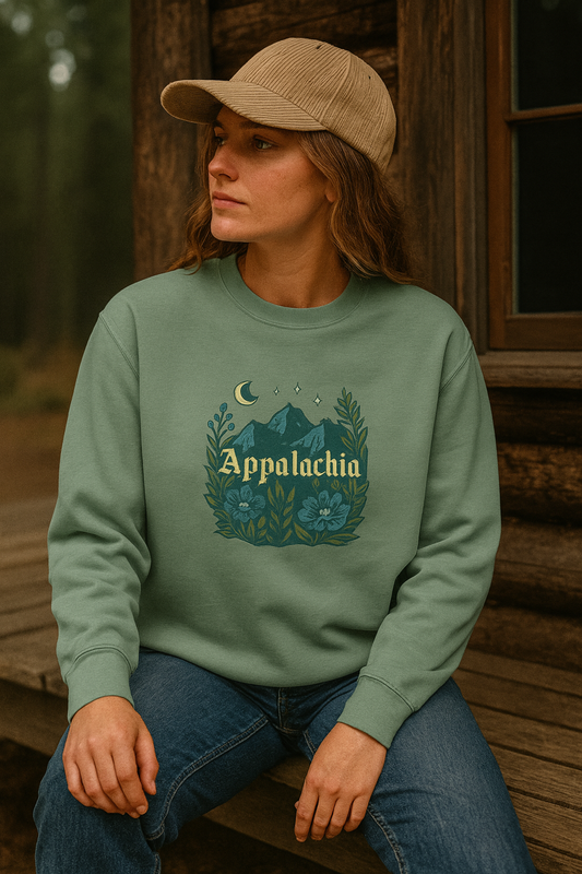 Person wearing a green sweatshirt with 'Appalachia' design sitting on wooden steps.