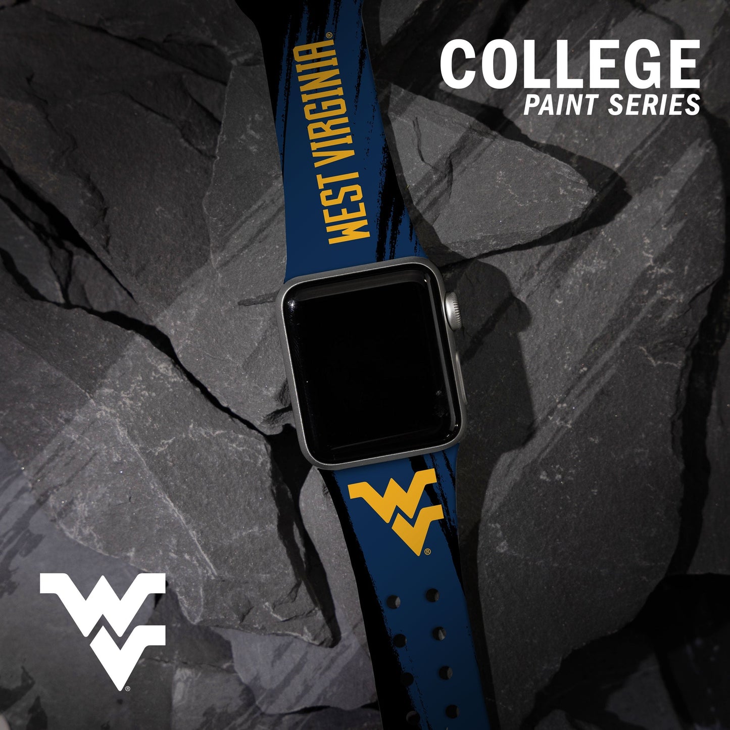 Smartwatch with a West Virginia University strap on a dark stone background