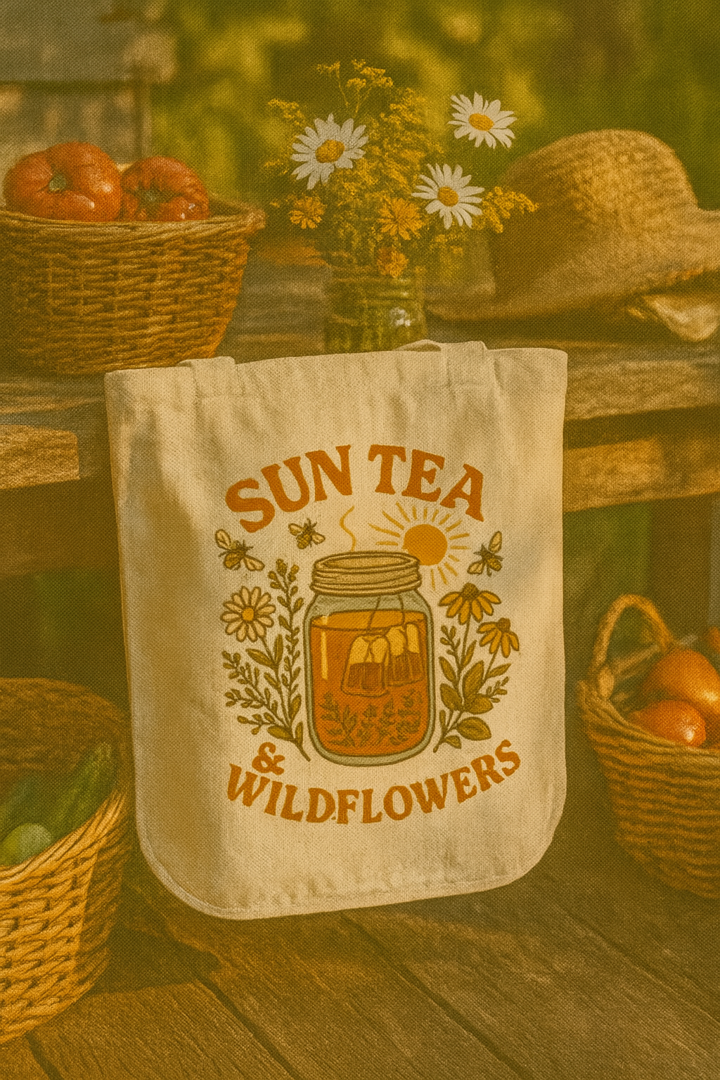 Sun Tea and Wildflowers Organic Canvas Tote Bag, Farmers Market Reusable Eco Friendly Bag, Nature Lover Gift, Sustainable Shopping Tote,