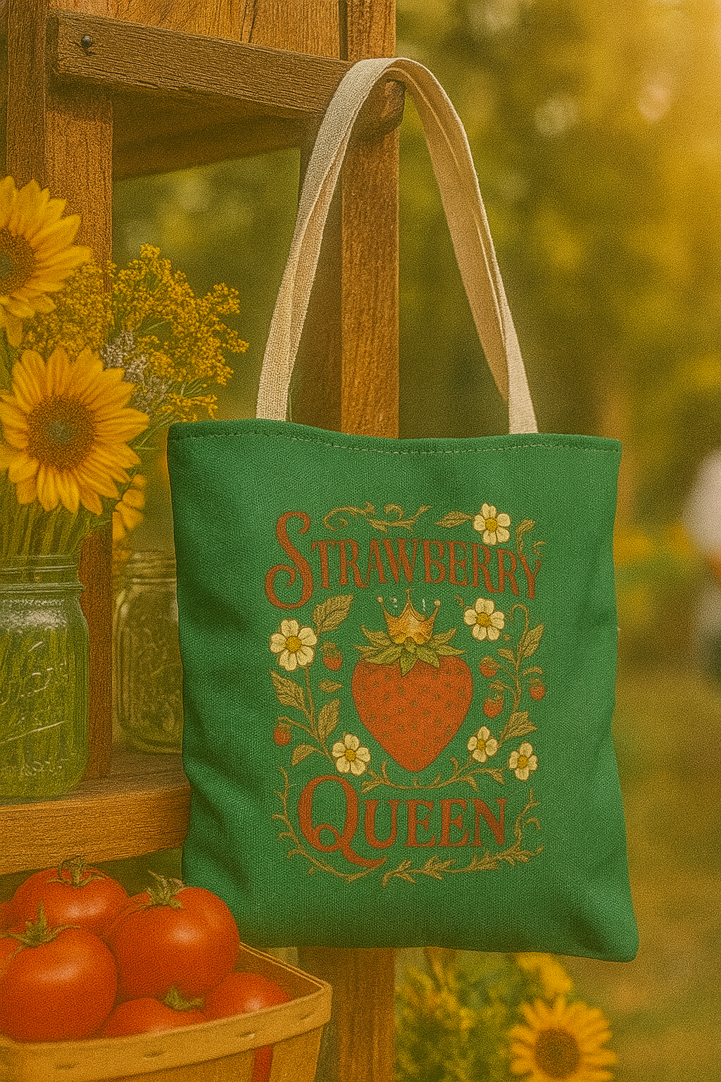 Strawberry Queen Tote Bag, Floral Reusable Shopping Bag, Eco-Friendly Gift, Summer Accessory, Farmer's Market Essential