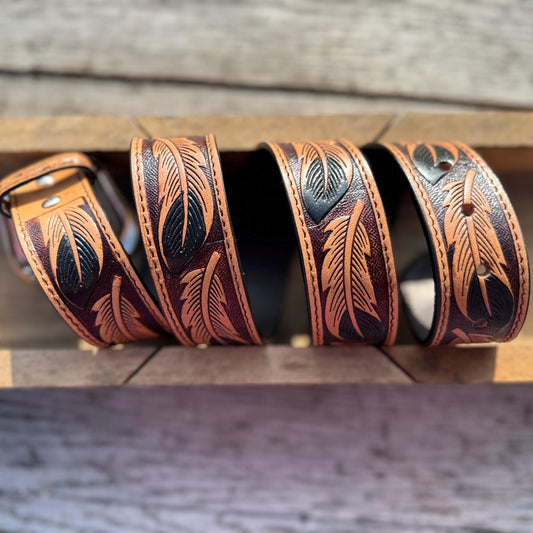Genuine Leather Western Belt with tooled Black Feather Details by Double B Wild Rags