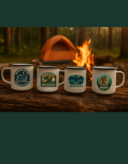 Four mugs with different designs on a wooden surface with a campfire and tent in the background.