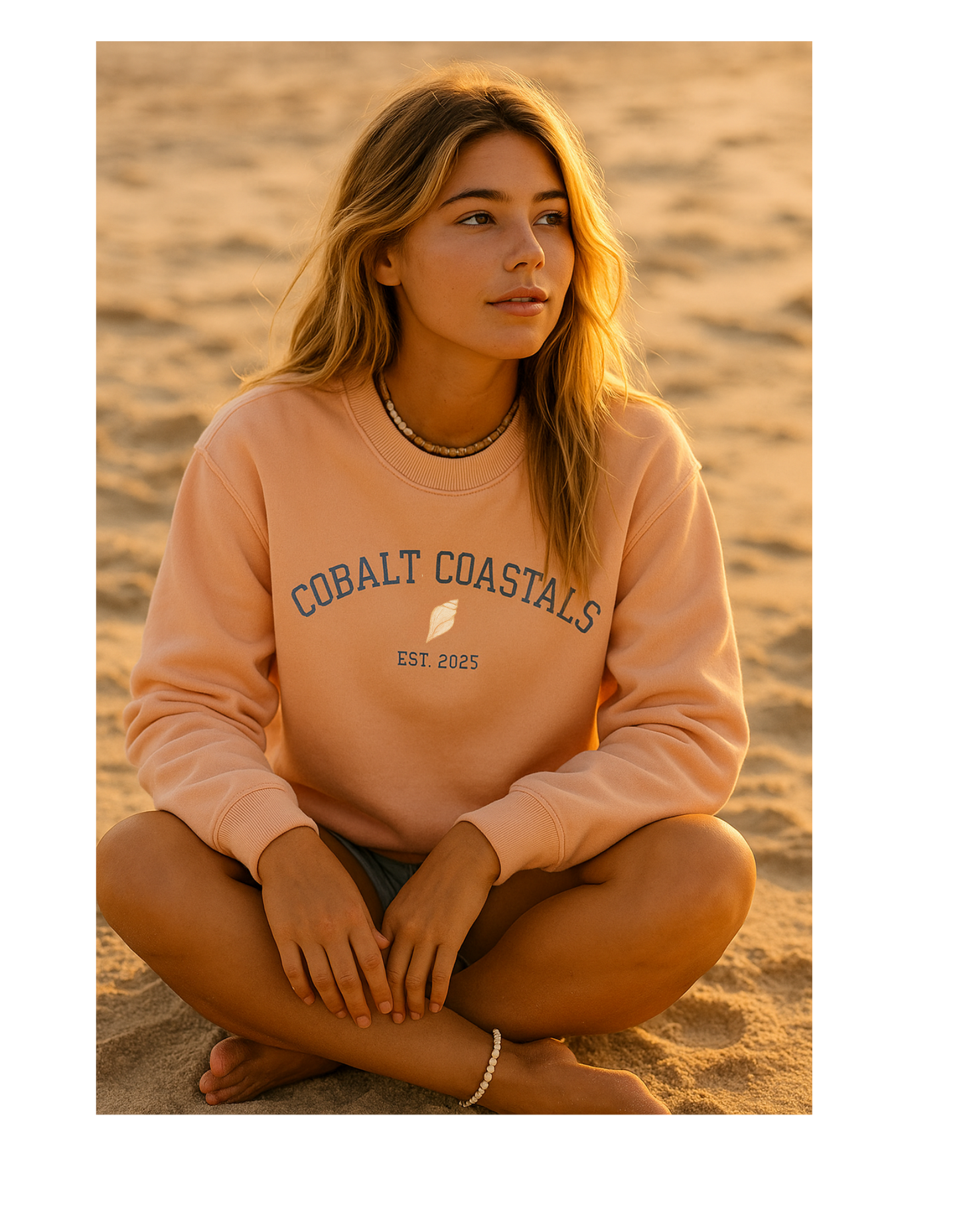 Crewneck Beach Sweatshirt - Cobalt Coastals University Seashell Design