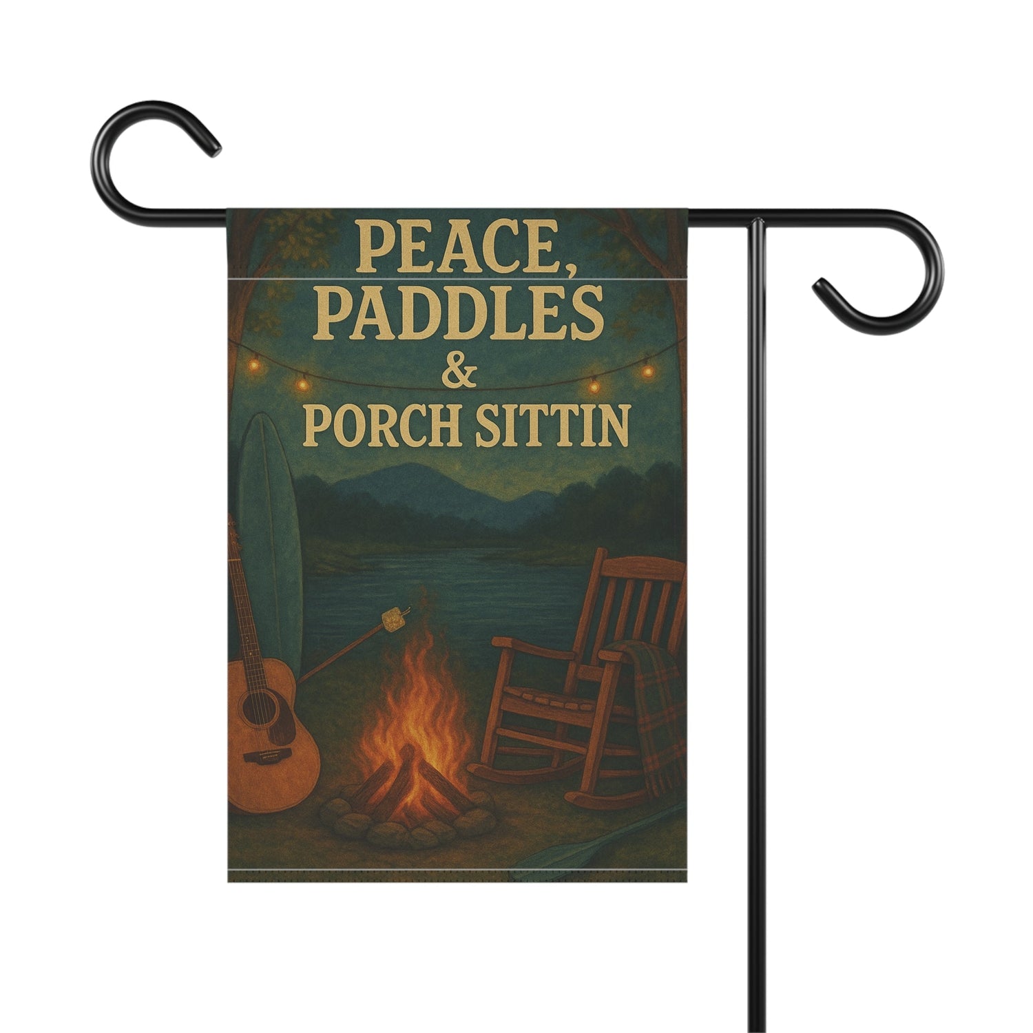 River Garden flag with paddles, a guitar and rocking chairs