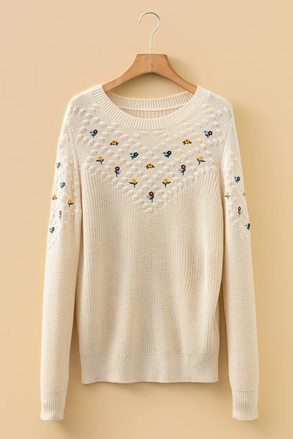 Floral Embroidered Textured Knit Sweater