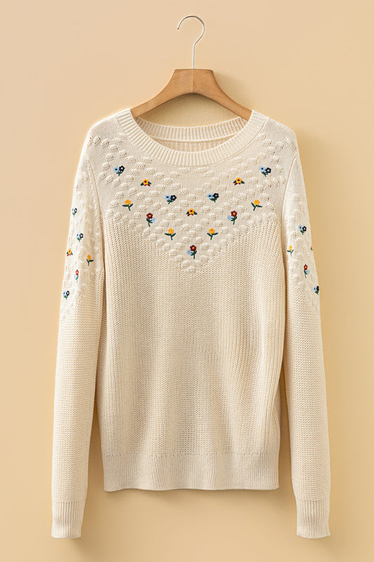 Floral Embroidered Textured Knit Sweater
