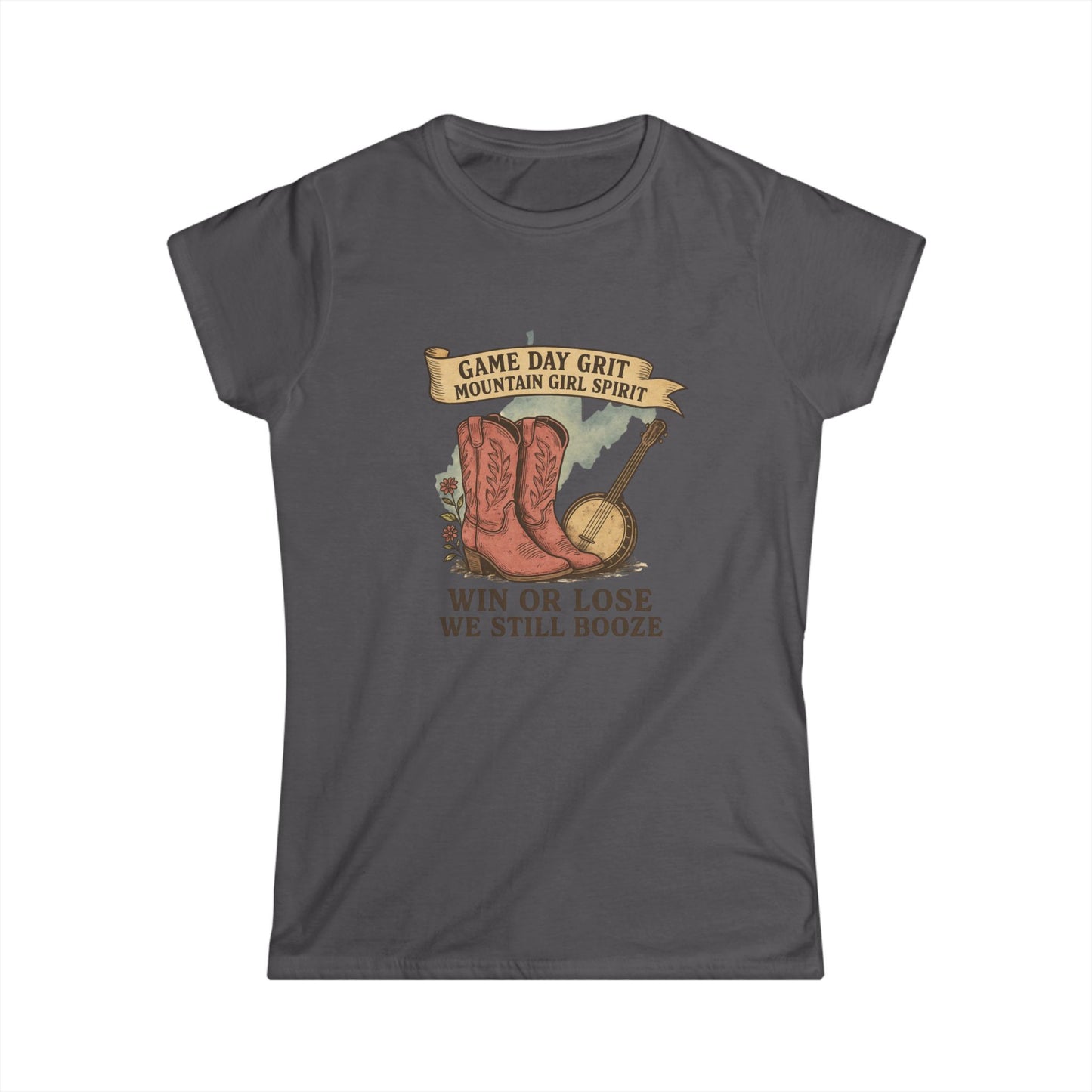 Game Day Grit T-Shirt , Mountain Girl Shirt with Boots & Banjo , Funny Country Concert Tee, Win or Lose We Still Booze, Tailgate Apparel