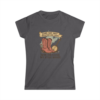 Game Day Grit T-Shirt , Mountain Girl Shirt with Boots & Banjo , Funny Country Concert Tee, Win or Lose We Still Booze, Tailgate Apparel