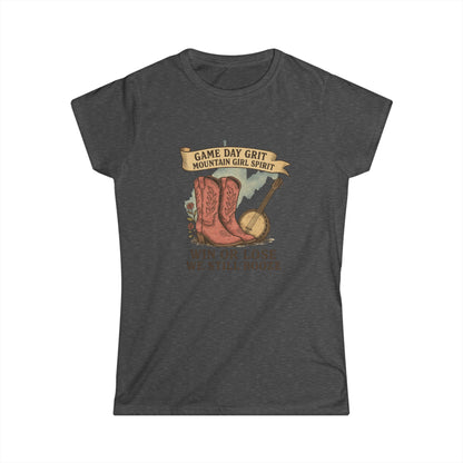 Game Day Grit T-Shirt , Mountain Girl Shirt with Boots & Banjo , Funny Country Concert Tee, Win or Lose We Still Booze, Tailgate Apparel