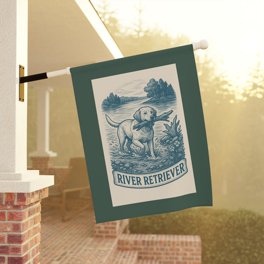 Garden Flag, Labrador Retriever Banner, Outdoor House Decoration, River Scene Decor, Pet Lover Gift, Nature Inspired Yard Art