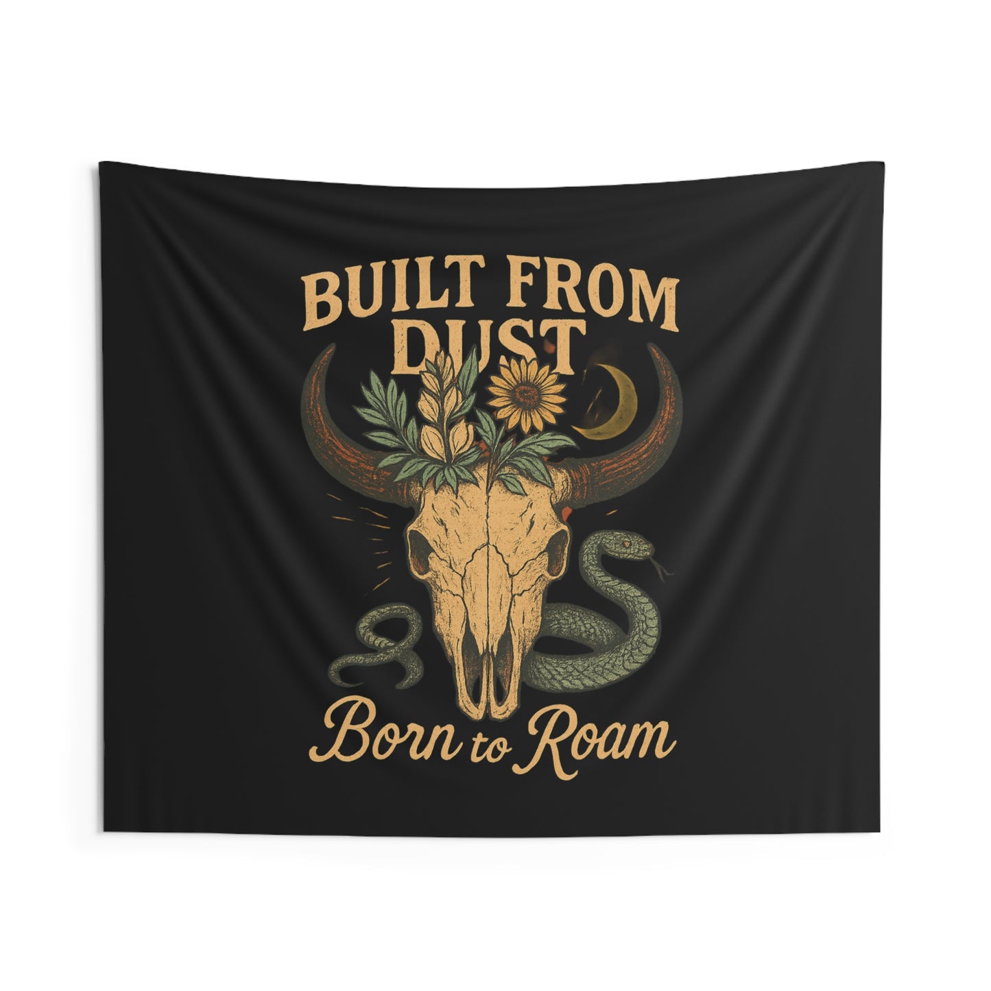 Cow Skull Sunflower Wall Tapestry — 'Born to Roam' Desert Snake Boho Decor