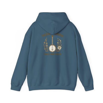 Vintage hoodie Sweatshirt with Pickin and Grinnin Banjo design on the back for bluegrass lovers