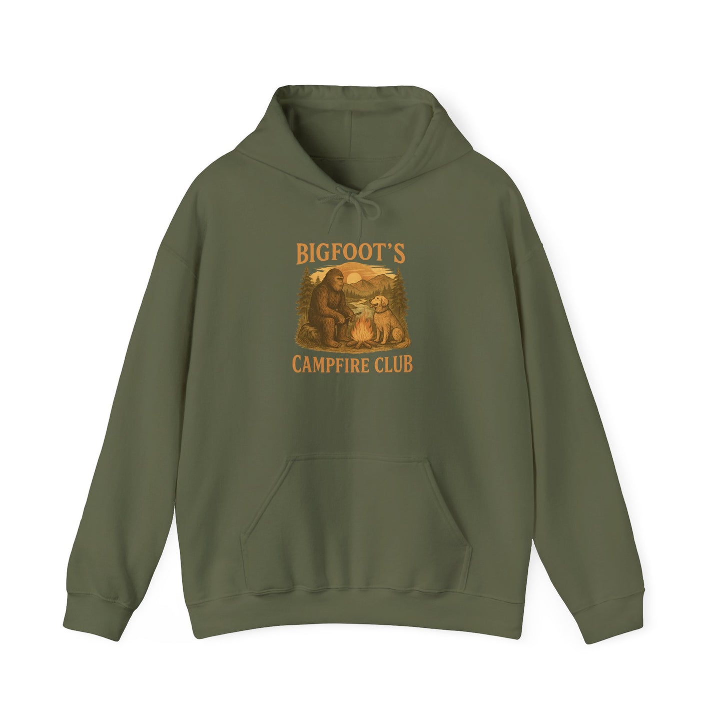 Bigfoot Campfire Club Hoodie, Mountains & Labrador, Unisex Pullover, Outdoor Camping Sweatshirt, Nature Lover Gift