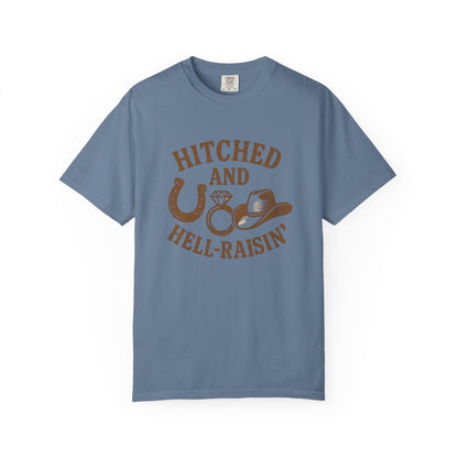 Country Bachelorette party T-shirt, Unisex Tee, Western Bridal Shower Shirt, Hitched and Hell-Raising Top, Southern Wedding Apparel
