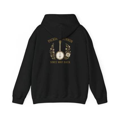 Vintage hoodie Sweatshirt with Pickin and Grinnin Banjo design on the back for bluegrass lovers