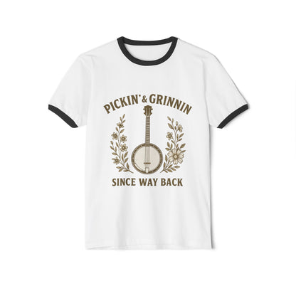 Vintage Banjo Unisex Ringer T-Shirt - Perfect for Musicians, Music Festivals, Gifts, Casual Wear, Bluegrass Lovers, Country Music