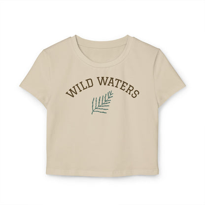 Beige t-shirt with 'Wild Waters' text and leaf graphic on a white background