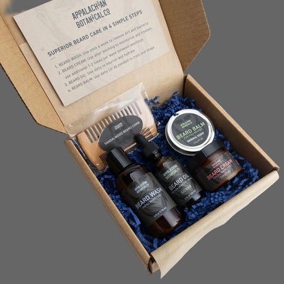 Beard care product set in a cardboard box with blue tissue paper