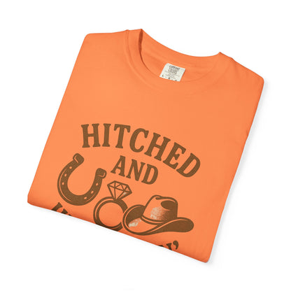 Country Bachelorette party T-shirt, Unisex Tee, Western Bridal Shower Shirt, Hitched and Hell-Raising Top, Southern Wedding Apparel