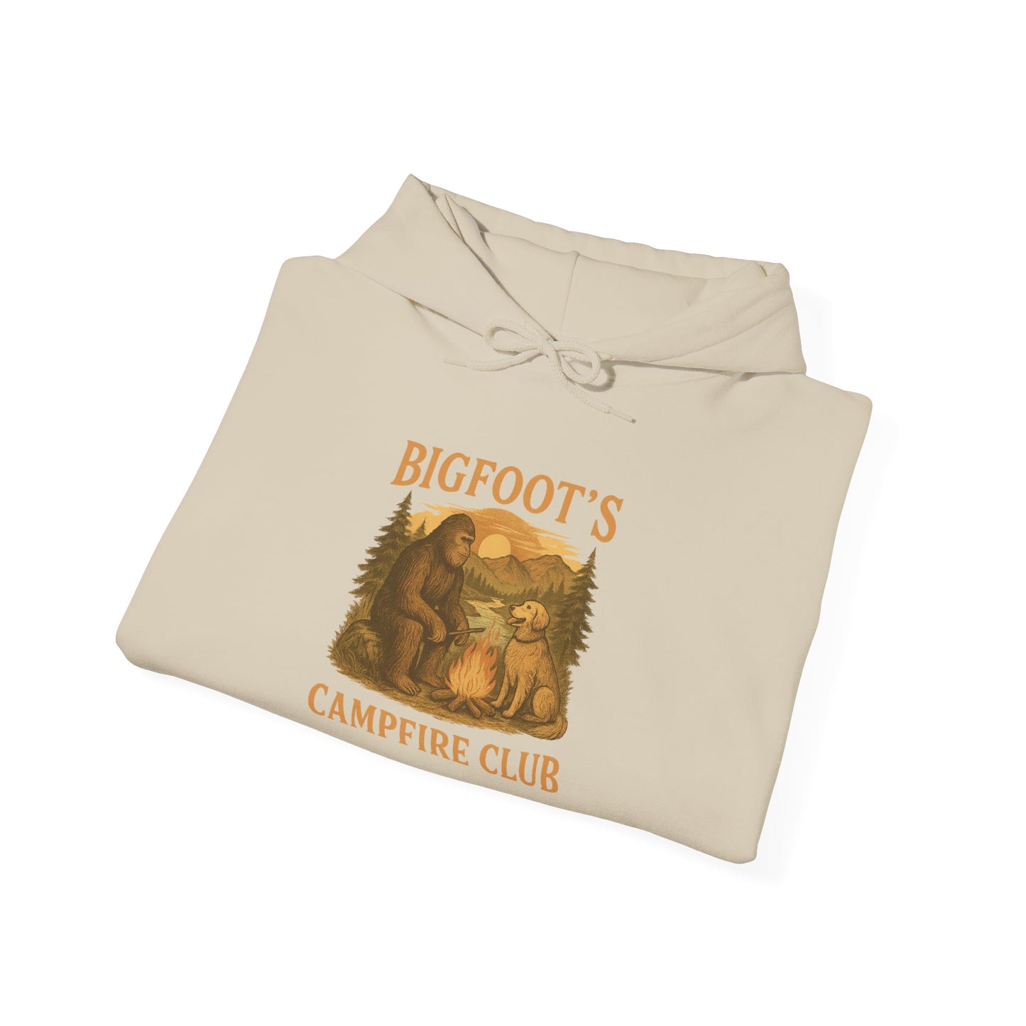 Bigfoot Campfire Club Hoodie, Mountains & Labrador, Unisex Pullover, Outdoor Camping Sweatshirt, Nature Lover Gift