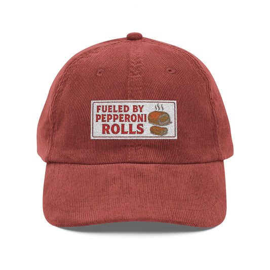 Vintage Corduroy Cap, Pepporoni Rolls Embroidered Hat, Retro Baseball Cap, 90s Style Headwear, Unique Dad Cap, Hipster Cool Cap
